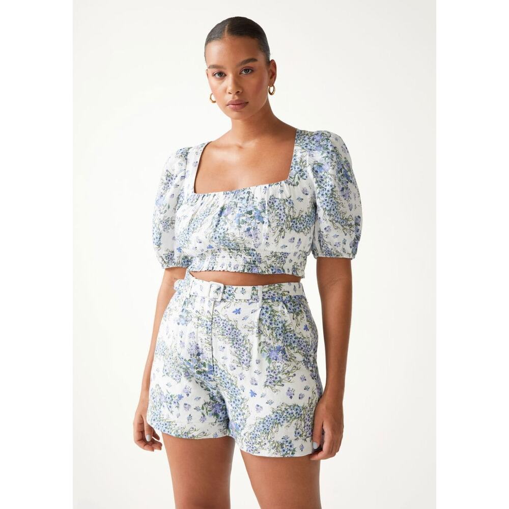 & OTHER STORIES Floral Puff Sleeve Top Belted Shorts Linen Set Size S EUC Blue